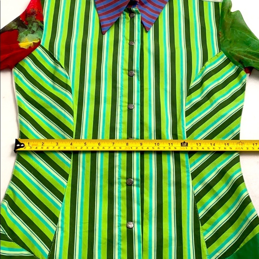 Save the Queen green multicolor stripe snap shirt S - Picture 8 of 14